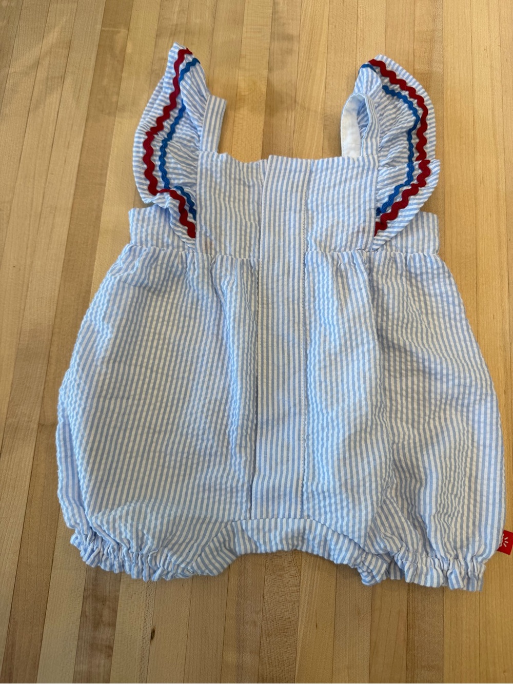 Magnetic Me Patriotic Striped Blue Seersucker Baby Romper with Red & Blue Trim - Picture 3 of 6
